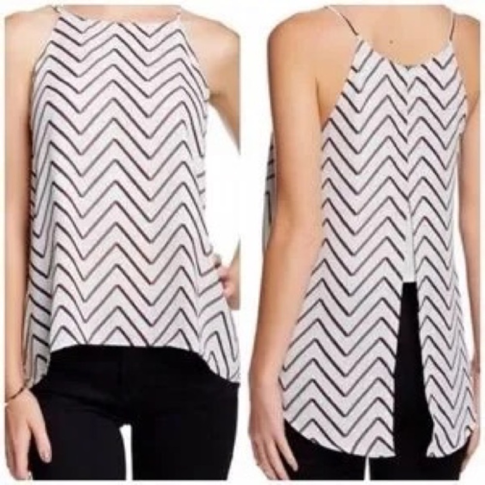 Valette chevron racerback white & brown tank; lower back hem with back slit; SM
